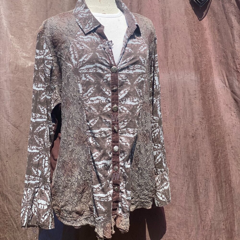 Parsley & Sage Brown & Blue Cream Bohemian Button-Down Blouse - Size 2X